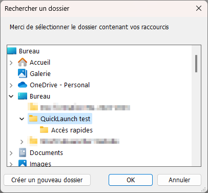 Sélection du dossier des raccourcis